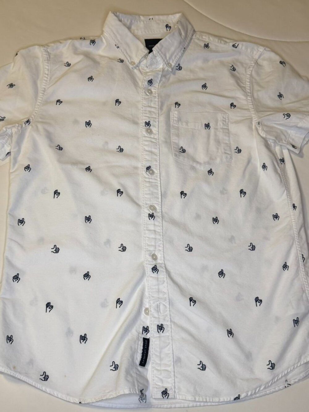 American Eagle Men's White Graphic Button Up Shirt S Hand Print